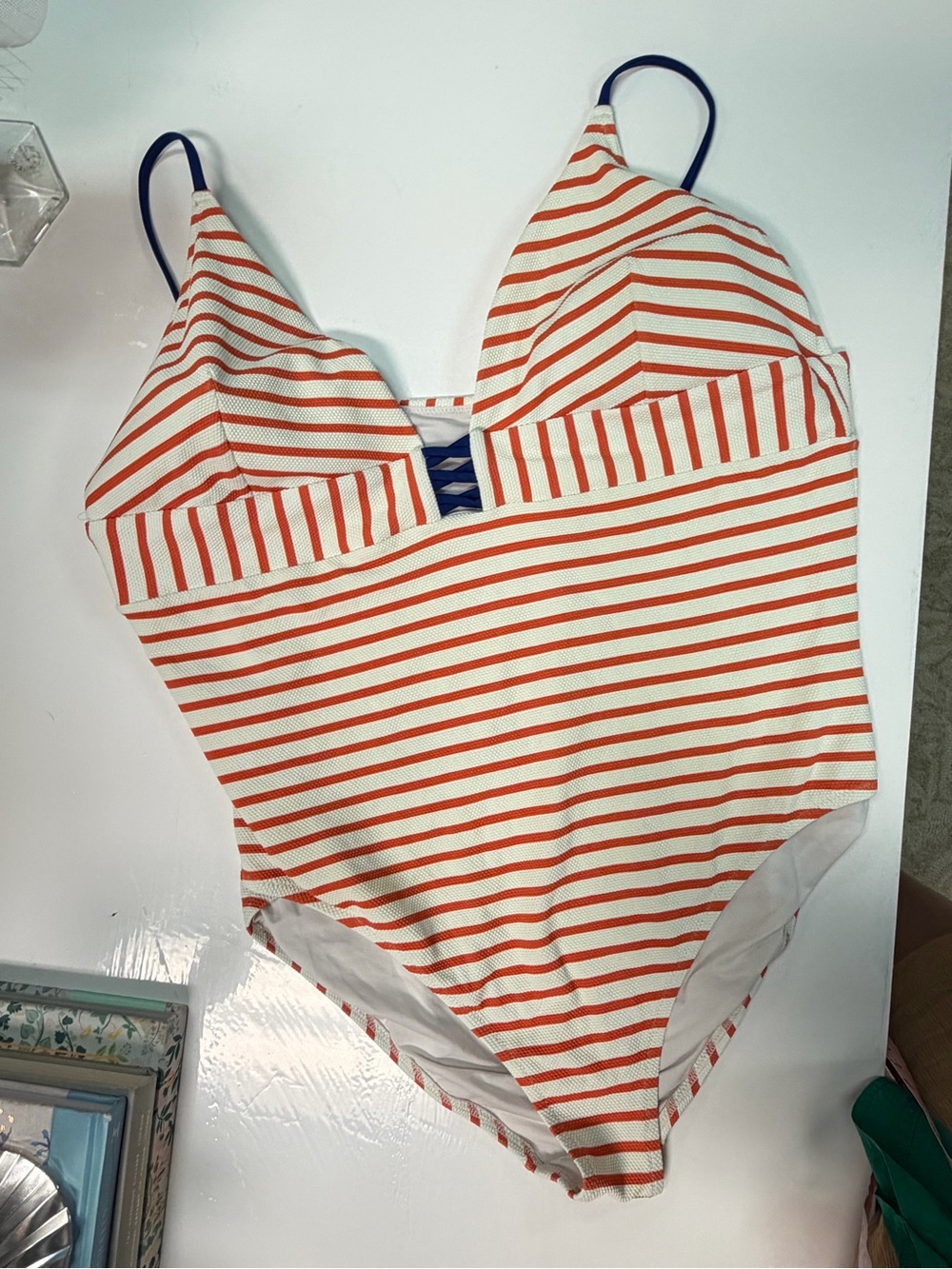 J. Crew Orange & White Striped One-Piece Swimsuit with Navy Strap